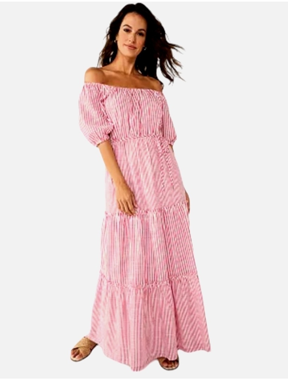 Draper James Off Shoulder Red/White Tiered Maxi Dress Sz XL